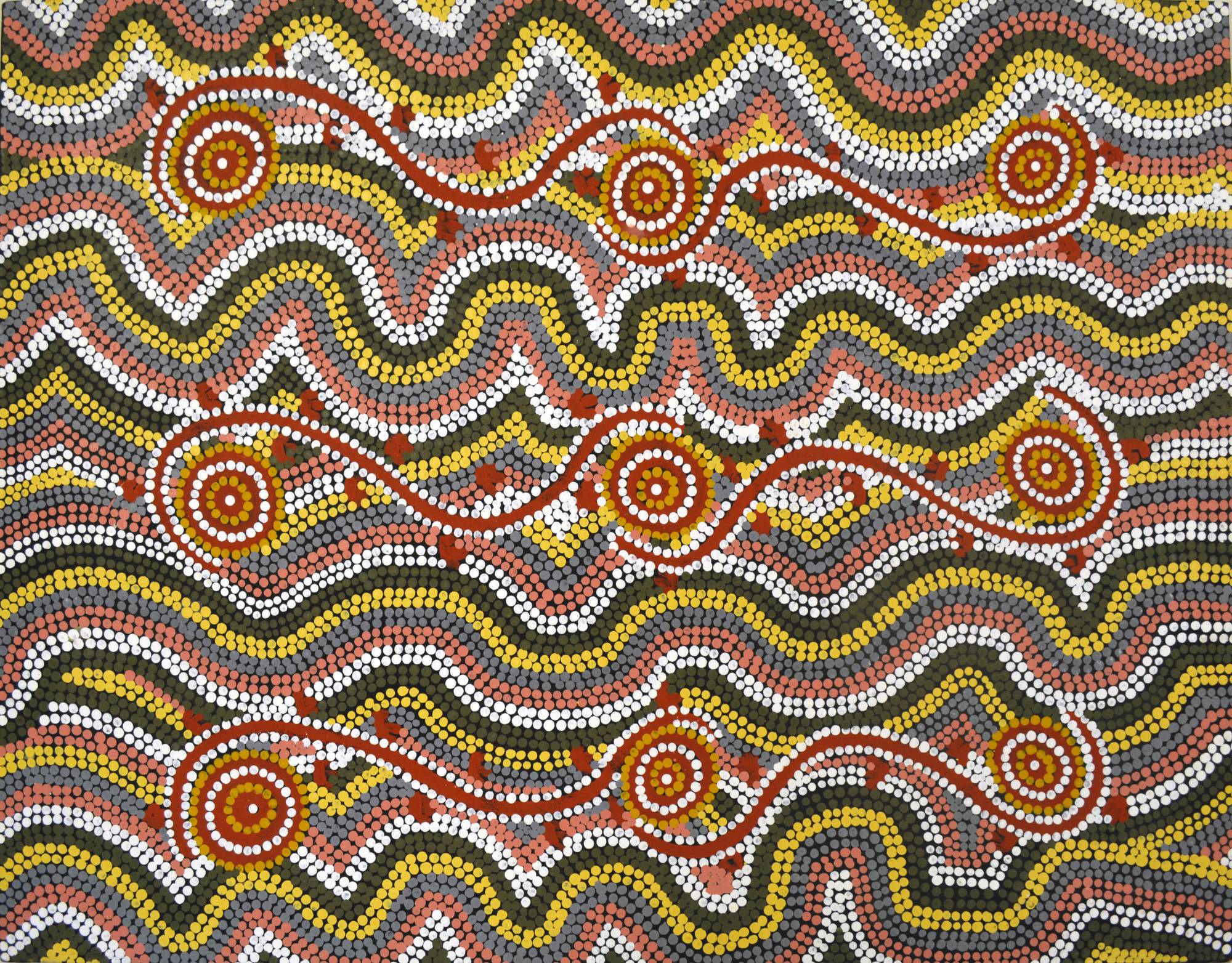 Colorful abstract image made up of lots of dots in horizontal swirl patterns. Click to browse australian mythology.